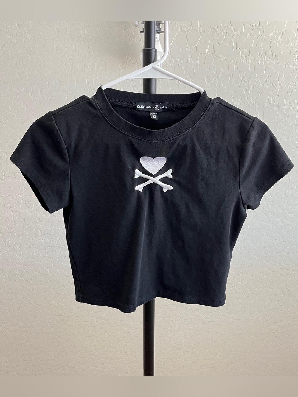 Dolls Kill x Tokidoki Black Cropped Baby Tee with White Heart & Crossbones